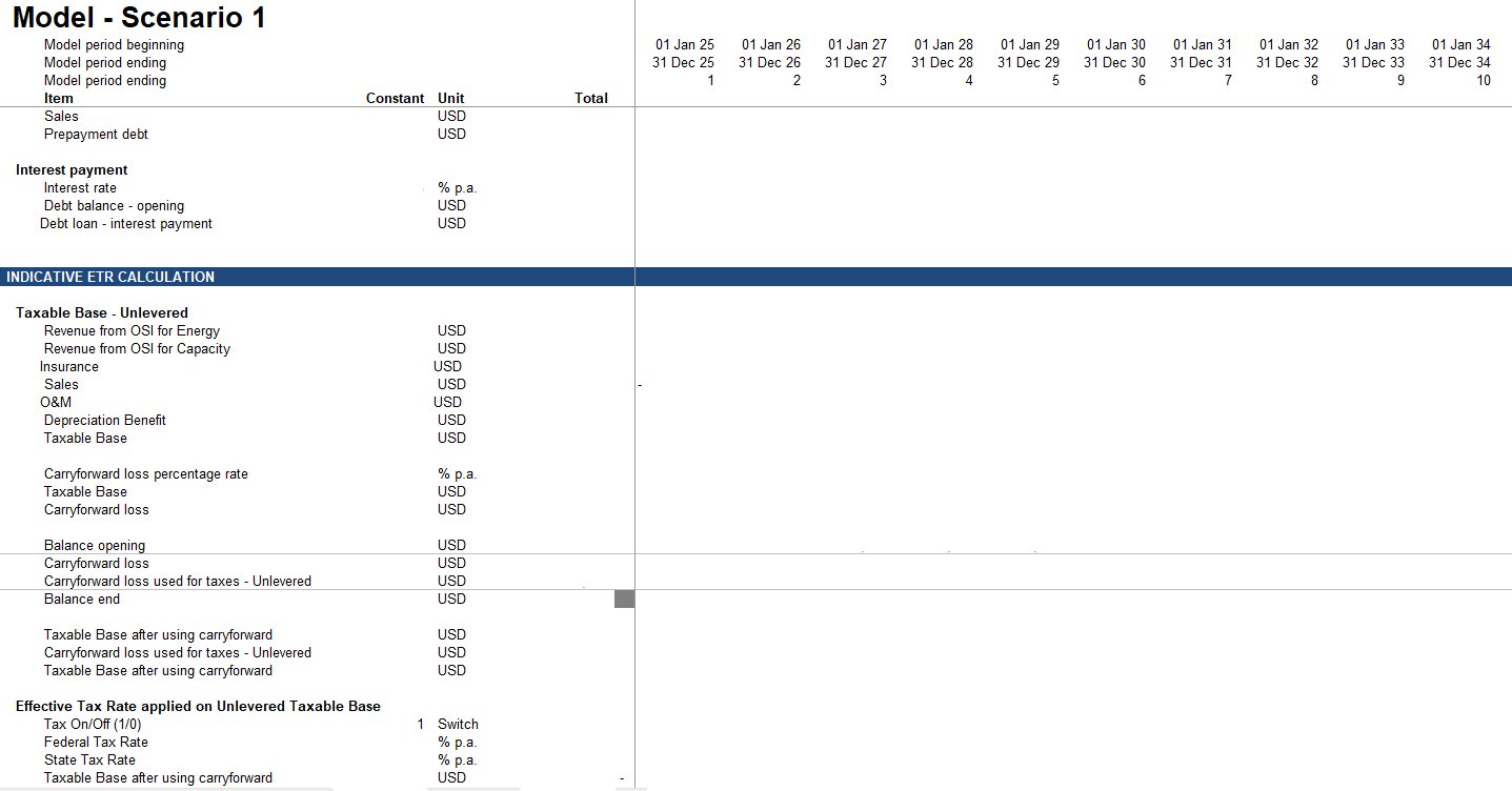 Financial model scenario sheet showing ETR calculation and project finance debt structure